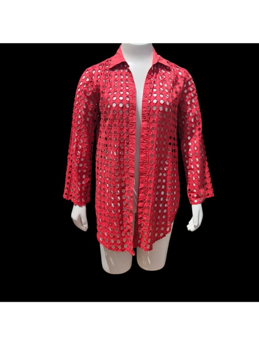 Adiva Red Eyelet Cutout Tunic Shirt Beach Coverup Roll Sleeve Size L - Picture 3 of 12